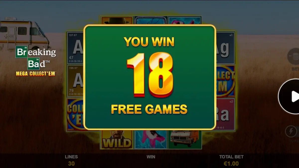 Breaking Bad Mega Collect’Em slot machine interface featuring iconic series imagery