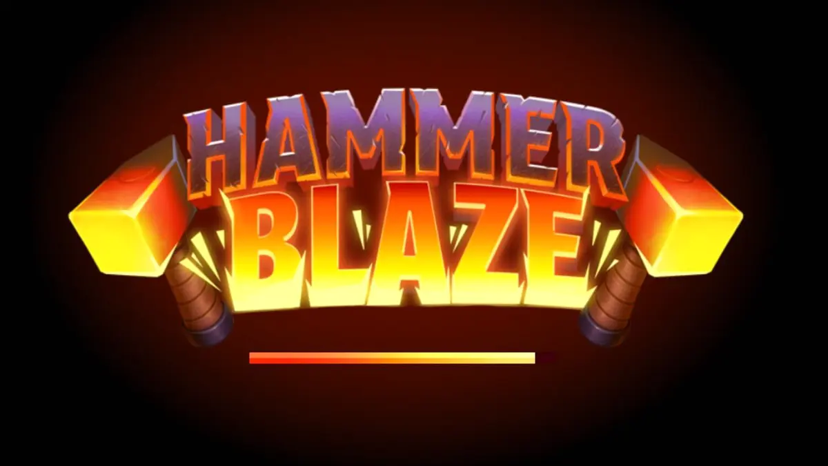 Tampilan visual grid 7x7 dalam slot Hammerblaze dengan tema bengkel pandai besi Yunani yang membara.