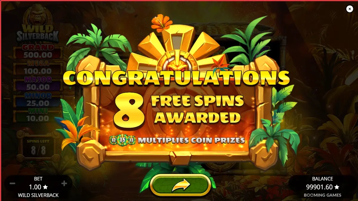 Pemandangan hutan rimbun dengan simbol gorilla dalam slot Wild Silverback